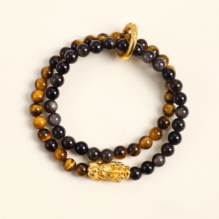 Buddha Stones Tijgeroog zilverglans obsidiaan Pi Xiu dubbele wikkel Armband - Tijgeroog Goud Pi Xiu - image 2