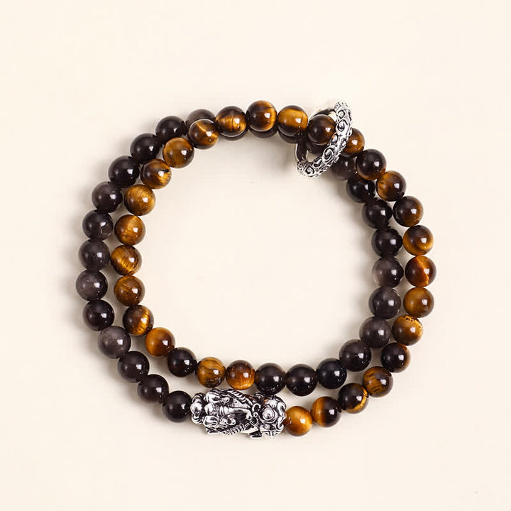 Buddha Stones Tijgeroog zilverglans obsidiaan Pi Xiu dubbele wikkel Armband - Tijgeroog Zilver Pi Xiu - image 4