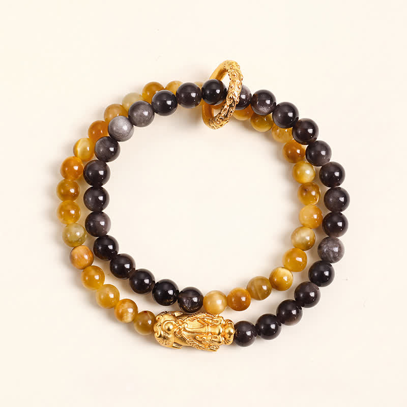 Buddha Stones Tijgeroog zilverglans obsidiaan Pi Xiu dubbele wikkel Armband - image 1