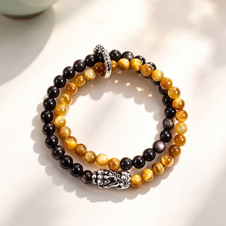 Buddha Stones Tijgeroog zilverglans obsidiaan Pi Xiu dubbele wikkel Armband - Gele tijgeroog zilverkleurige Pi Xiu - image 3