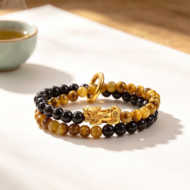 Buddha Stones Tijgeroog zilverglans obsidiaan Pi Xiu dubbele wikkel Armband - Gele tijgeroog gouden Pi Xiu - image 0