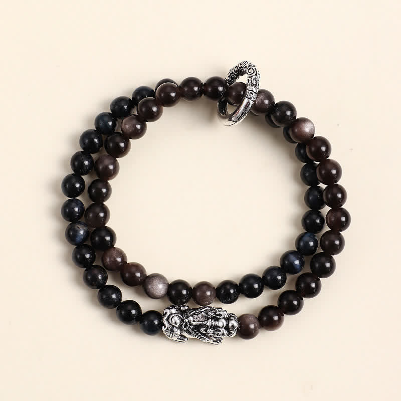 Buddha Stones Tijgeroog zilverglans obsidiaan Pi Xiu dubbele wikkel Armband - Blauwe tijgeroog zilverkleurige Pi Xiu - image 9