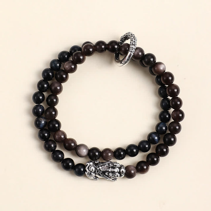 Buddha Stones Tijgeroog zilverglans obsidiaan Pi Xiu dubbele wikkel Armband - Blauwe tijgeroog zilverkleurige Pi Xiu - image 9
