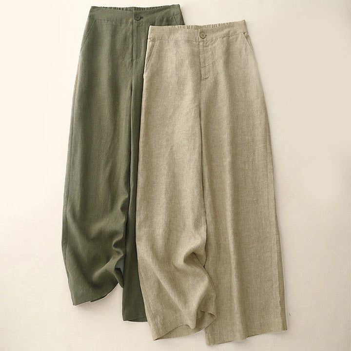 Buddha Stones Casual, effen damesbroek met elastische Taille, wijde pijpen en Zakken. - image 0
