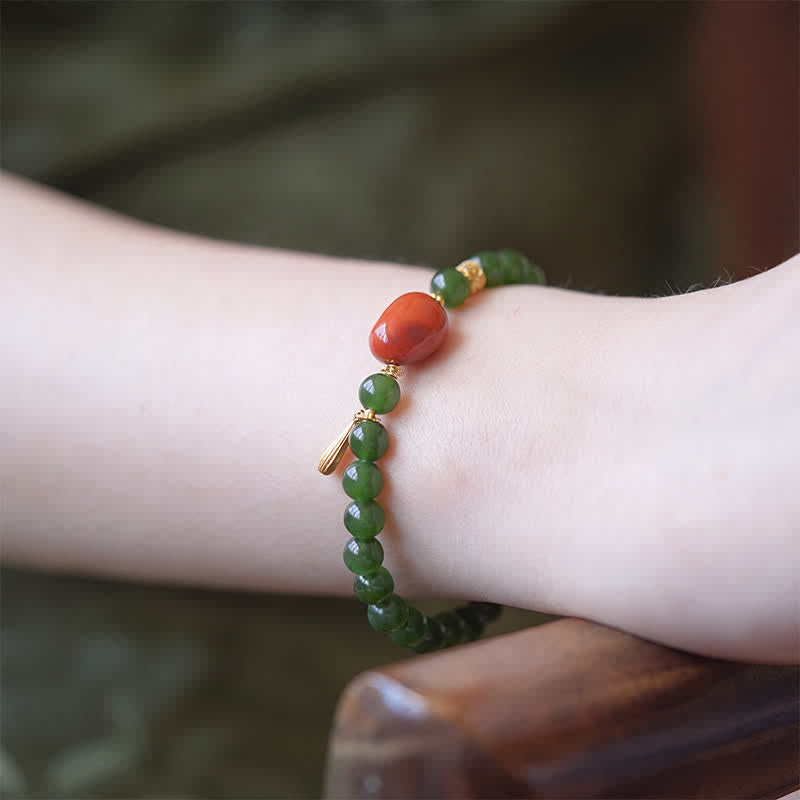 Buddha Stones Spinaziegroene Hetian jade rode agaat Armband - image 4