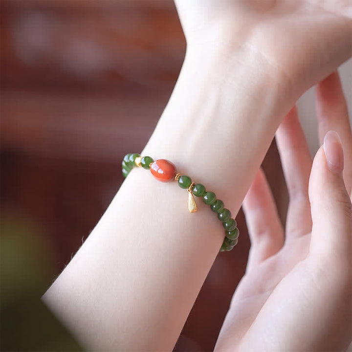 Buddha Stones Spinaziegroene Hetian jade rode agaat Armband - image 10