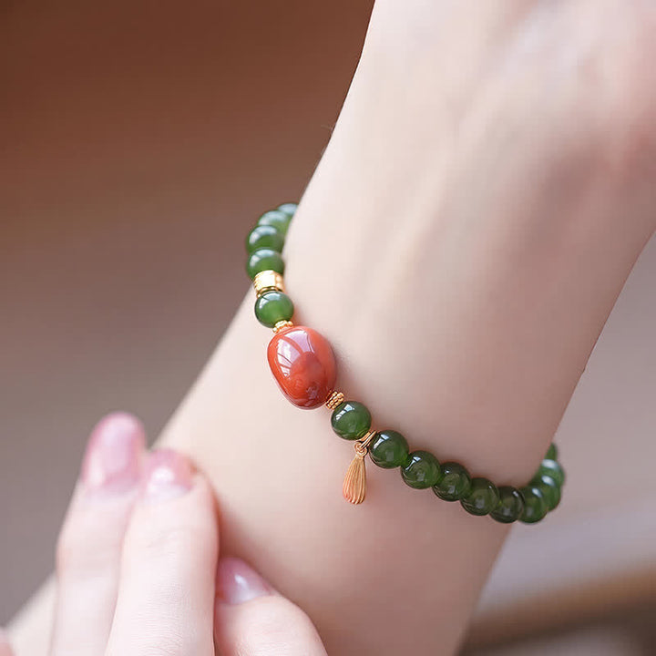 Buddha Stones Spinaziegroene Hetian jade rode agaat Armband - image 3