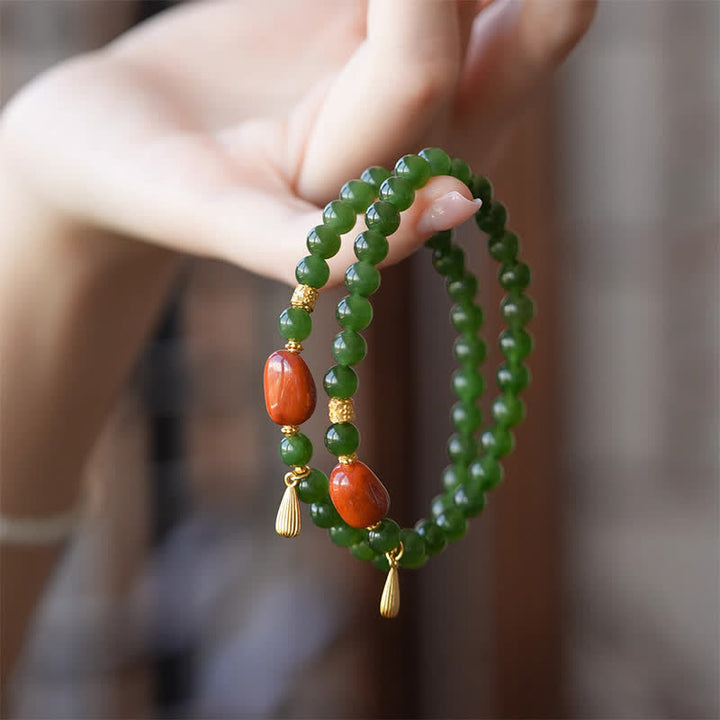 Buddha Stones Spinaziegroene Hetian jade rode agaat Armband - image 2