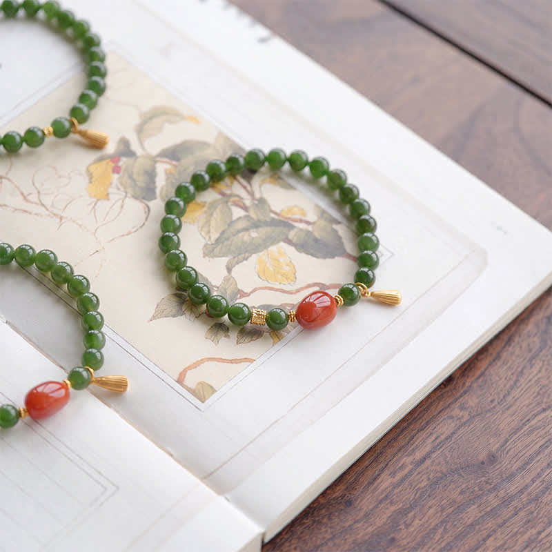 Buddha Stones Spinaziegroene Hetian jade rode agaat Armband - image 1