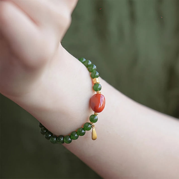 Buddha Stones Spinaziegroene Hetian jade rode agaat Armband - image 11