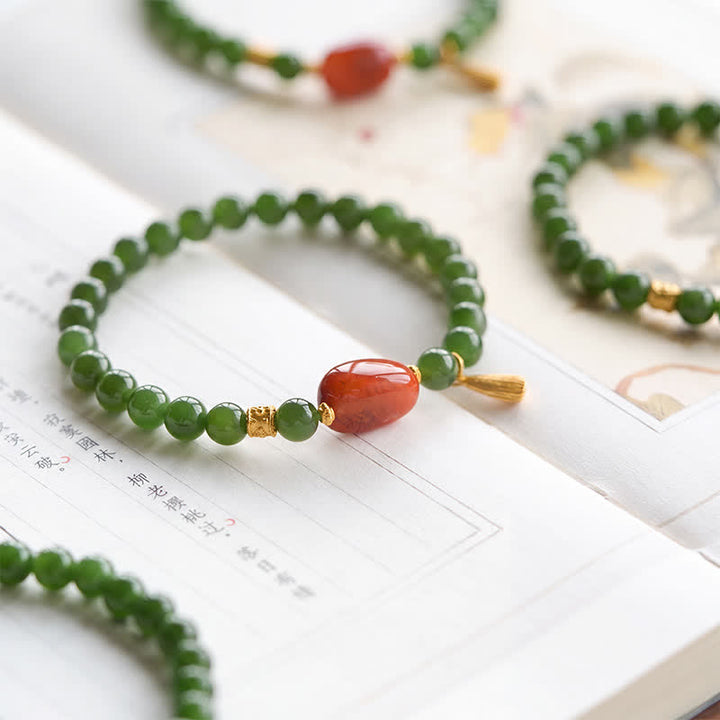 Buddha Stones Spinaziegroene Hetian jade rode agaat Armband - Natuurlijke jade (Polsomtrek: 14-15 cm) - image 0
