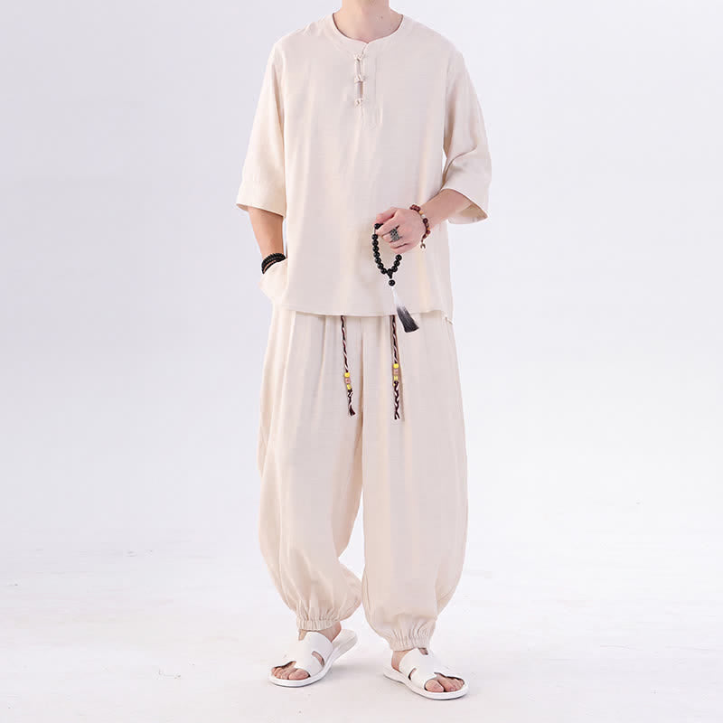 Buddha Stones Lente/Zomer Tang Stijl Overhemd met Kikkerknopen, Effen Mouw tot de elleboog , Heren Meditatiekleding met Zak - Antiek wit - US/UK/AU46, EU56 (5XL) - image 0