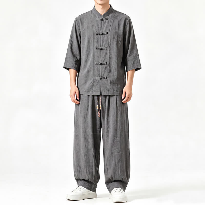 Buddha Stones Lente/Zomer Tang Stijl Meditatie Shirt met Kikkerknopen en Driekwart mouw, Broek, Heren Meditatiekleding met Zak - image 1
