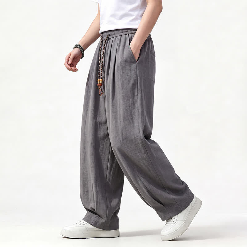 Buddha Stones Casual herenbroek met trekkoord en elastische Taille , effen kleur, Lang pijpen, rechte pijpen en Zakken , lente/zomer - image 1