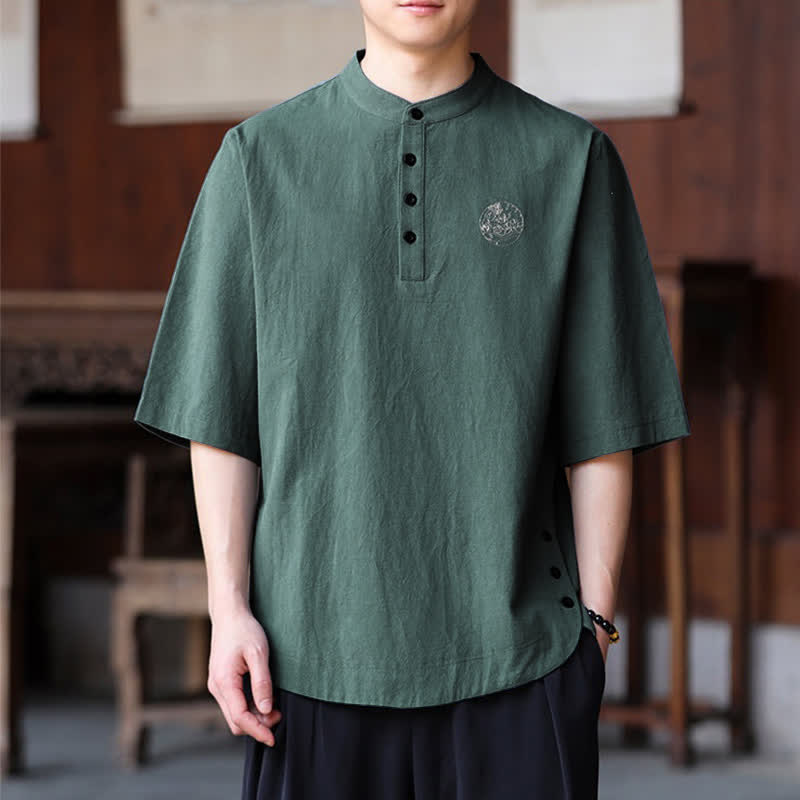 Buddha Stones Zomerse casual Overhemden met Mandarin kraag in Tang-stijl, effen kleur, Korte mouw. - Zeegroen - US/UK/AU46, EU56 (5XL) - image 0