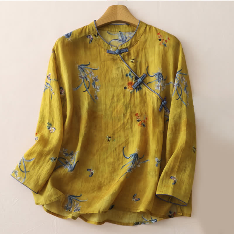 Buddha Stones Lente Vintage Tang Stijl Kikkerknop Orchidee Bloemen Dames Lange mouw Overhemden - Guldenroede - US12, UK/AU16, EU44 (2XL) - image 0