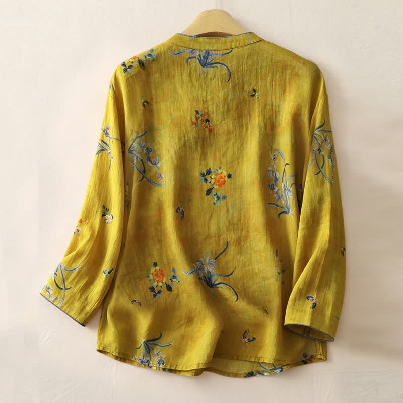 Buddha Stones Lente Vintage Tang Stijl Kikkerknop Orchidee Bloemen Dames Lange mouw Overhemden - image 1
