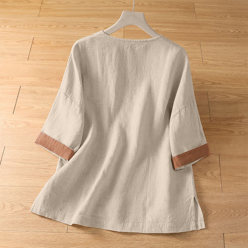 Buddha Stones Zomerse casual Overhemden met opgestikte zakken en knoopsluiting, effen kleur, voor dames met Korte mouw en zakje - image 1