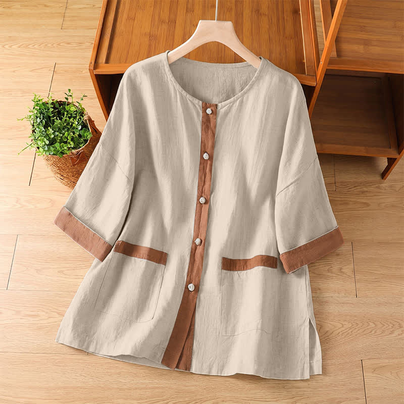 Buddha Stones Zomerse casual Overhemden met opgestikte zakken en knoopsluiting, effen kleur, voor dames met Korte mouw en zakje - Linnen - US8-10, UK/AU12-14, EU40-42 (2XL) - image 0