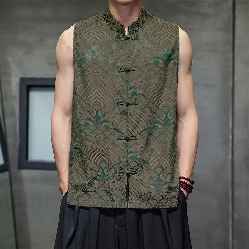 Buddha Stones Zomerse Tang-stijl tanktop met Mandarin kraag, kikkerknopen en abstracte oceaangolvenprint, Mouwloos Overhemden voor heren met zak - Olijf - US/UK/AU46, EU56 (5XL) - image 0