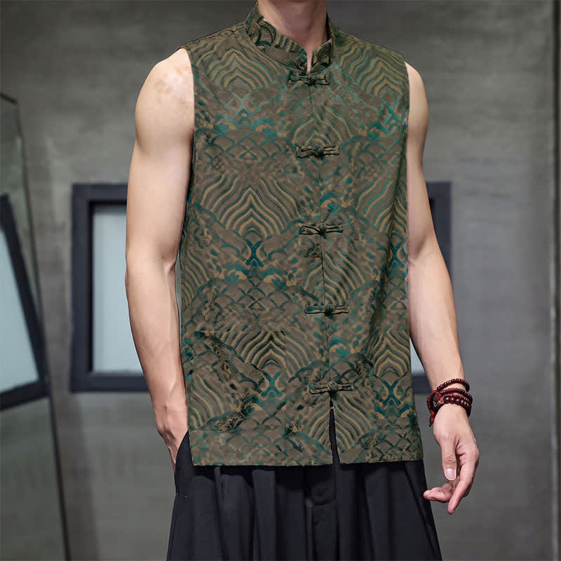 Buddha Stones Zomerse Tang-stijl tanktop met Mandarin kraag, kikkerknopen en abstracte oceaangolvenprint, Mouwloos Overhemden voor heren met zak - image 1