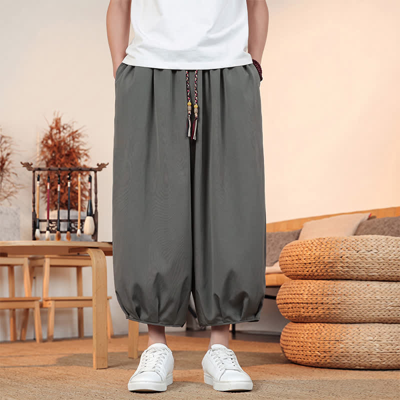 Buddha Stones Lente/Zomer Casual Minimalistische Capri Broek met Trekkoord, Effen Kleur, Heren Harembroek met Zak - image 1