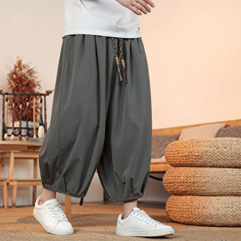 Buddha Stones Lente/Zomer Casual Minimalistische Capri Broek met Trekkoord, Effen Kleur, Heren Harembroek met Zak - Grijs - US/UK/AU46, EU56 (5XL) - image 0