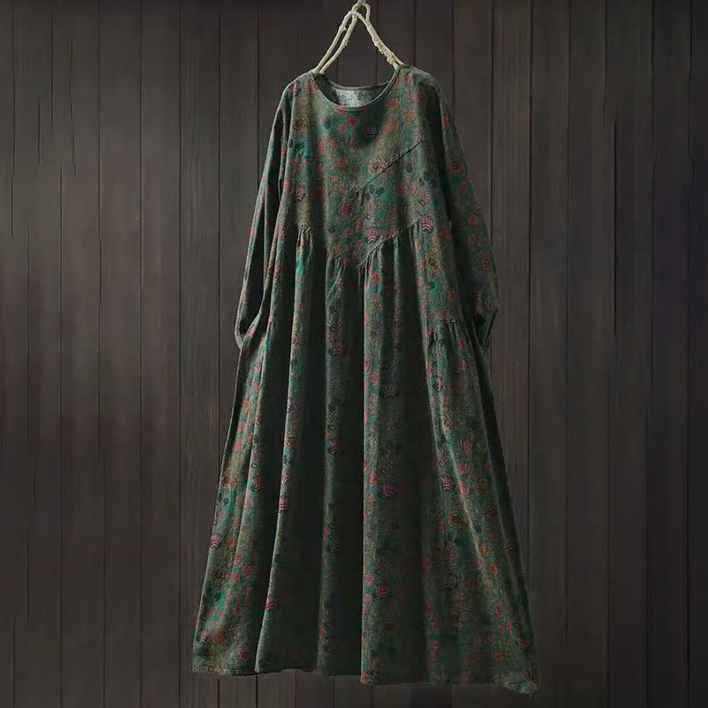 Buddha Stones Retro Midi jurk met bloemenprint, A-lijn model en Lange mouw voor dames - Donker olijfgroen - US4-8/10, UK/AU8-12/14, EU36-40/42 (F) - image 0