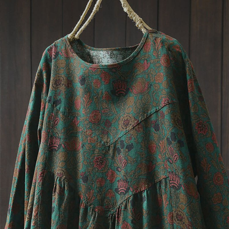Buddha Stones Retro Midi jurk met bloemenprint, A-lijn model en Lange mouw voor dames - image 1
