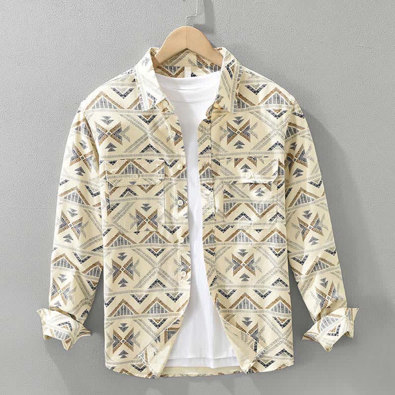 Buddha Stones Casual boho- Overhemden met Lange mouw en geometrische print voor heren, geschikt voor lente en herfst, met zakje. - Khaki - US/UK/AU42, EU52 (3XL) - image 0