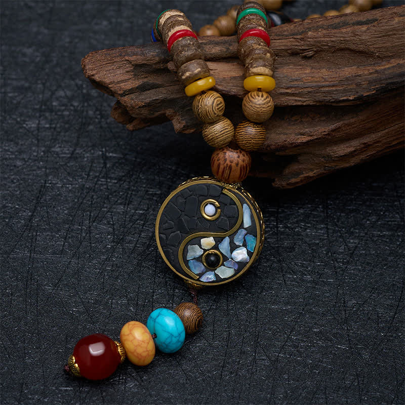 Buddha Stones Ketting van wengéhout met Yin Yang- en aardingssymbool. - image 3