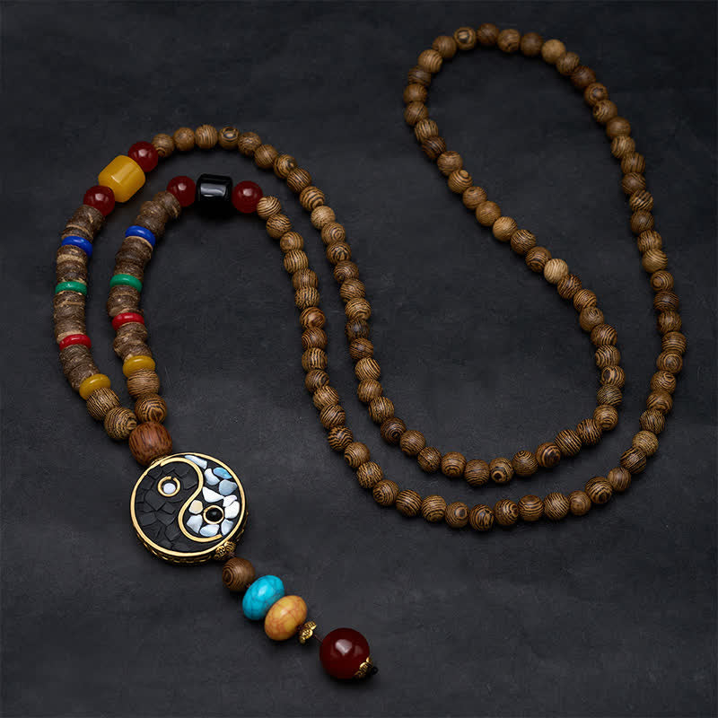 Buddha Stones Ketting van wengéhout met Yin Yang- en aardingssymbool. - image 1