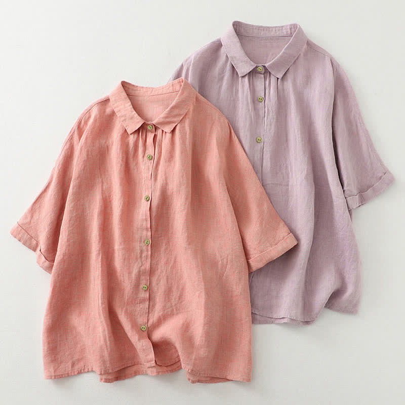 Buddha Stones Casual effen damesblouse met knoopjes en korte Mouwlengte - image 0