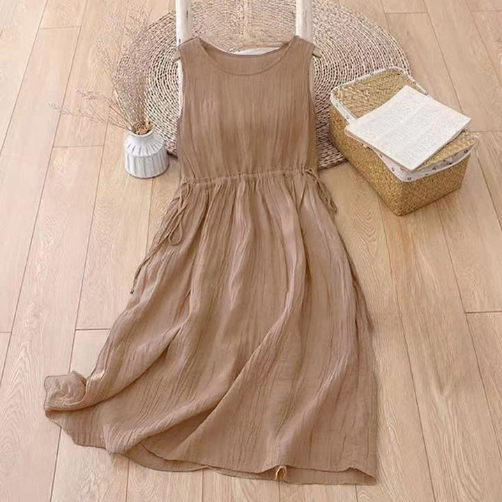 Buddha Stones Casual, effen, handgemaakte Midi -jurk met Taille in de taille , Mouwloos en met Zakken. - image 1