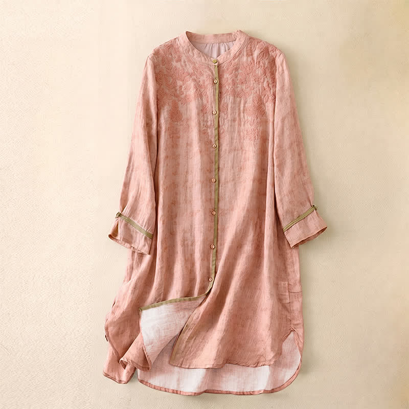 Buddha Stones Zomerse casual Midi -jurk met geborduurde opstaande kraag en Mouwlengte - Roze - US8-10，UK/AU12-14，EU40-42 (2XL) - image 22