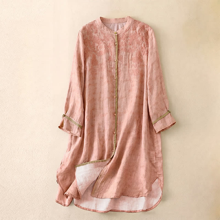 Buddha Stones Zomerse casual Midi -jurk met geborduurde opstaande kraag en Mouwlengte - Roze - US8-10，UK/AU12-14，EU40-42 (2XL) - image 22