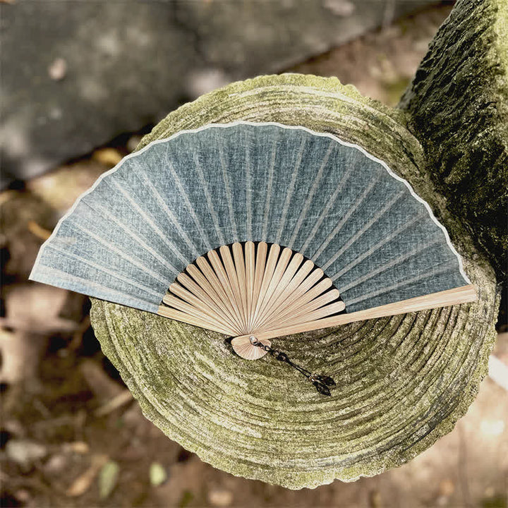 Buddha Stones Effenkleurige, rustieke, elegante Waaier van katoen, linnen en bamboe, 22 cm - Mistig blauw - Maat in gesloten toestand: ca. 22 cm / 8,7 inch - image 16