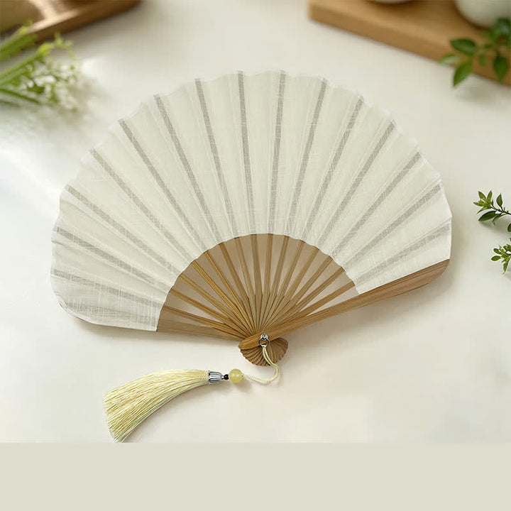 Buddha Stones Katoenen, linnen en bamboe Waaier met schelpvormige kwastjes, 21,5 cm - Wit (Gesloten Maat: ca. 21,5 cm / 8,5 inch) - image 12