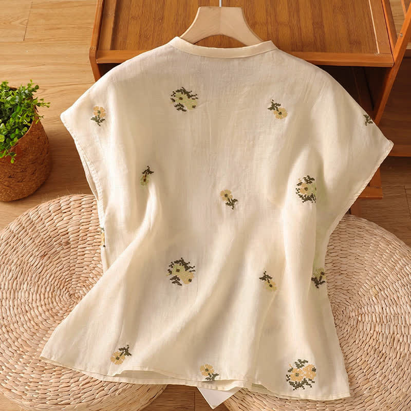 Buddha Stones Zomerse casual tanktop in Tang-stijl met Mandarin kraag en geborduurde bloemenprint, Mouwloos Overhemden - image 1
