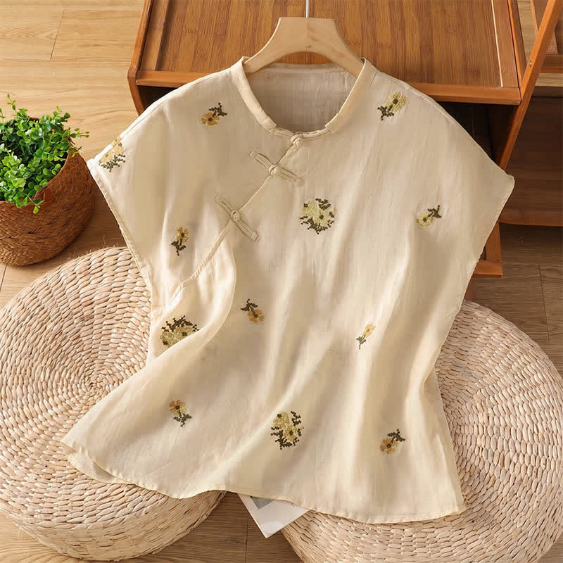 Buddha Stones Zomerse casual tanktop in Tang-stijl met Mandarin kraag en geborduurde bloemenprint, Mouwloos Overhemden - Beige - US12, UK/AU16, EU44 (2XL) - image 0