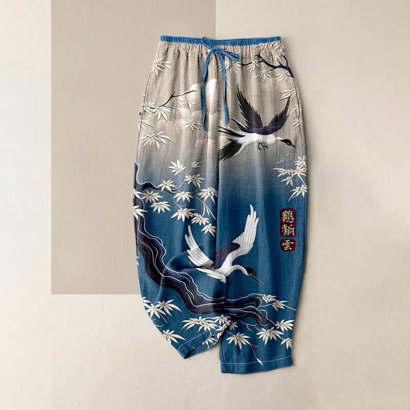 Buddha Stones Elegante damesbroek van 100% Cotton met kraanvogel- en bamboepatroon, elastische Taille en Zakken. - Staalblauw - US16, UK/AU20, EU48 (3XL) - image 0