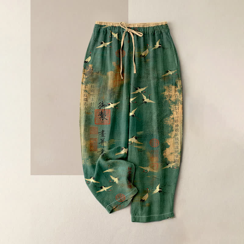 Buddha Stones Damesbroek van 100% Cotton katoen met elastische Taille en Zakken , vintage kraanvogel-kalligrafiepatroon. - Zeegroen - US16, UK/AU20, EU48 (3XL) - image 0