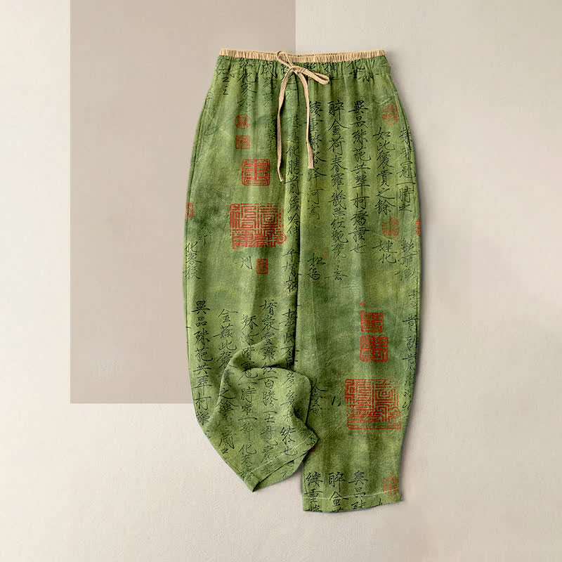 Buddha Stones Damesbroek van 100% Cotton katoen met elastische Taille en Zakken , vintage kalligrafie- en zegelpatroon. - Limegroen - US16, UK/AU20, EU48 (3XL) - image 0