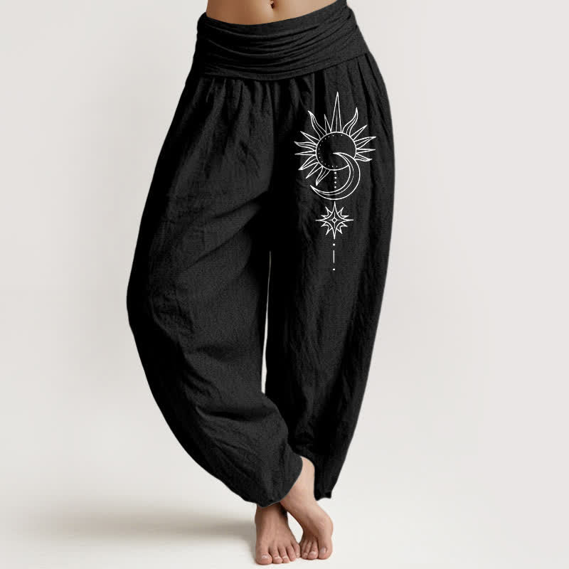 Buddha Stones Harembroek voor dames met elastische Taille en zon-, maan- en sterrenpatroon van 100% Cotton - Zwart - US16, UK/AU20, EU48 (3XL) - image 5