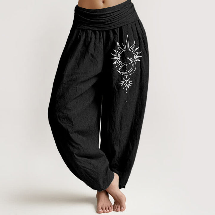 Buddha Stones Harembroek voor dames met elastische Taille en zon-, maan- en sterrenpatroon van 100% Cotton - Zwart - US16, UK/AU20, EU48 (3XL) - image 5