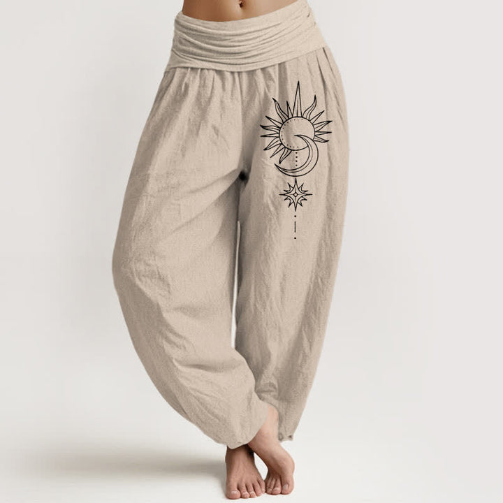 Buddha Stones Harembroek voor dames met elastische Taille en zon-, maan- en sterrenpatroon van 100% Cotton - Bruinen - US16, UK/AU20, EU48 (3XL) - image 11