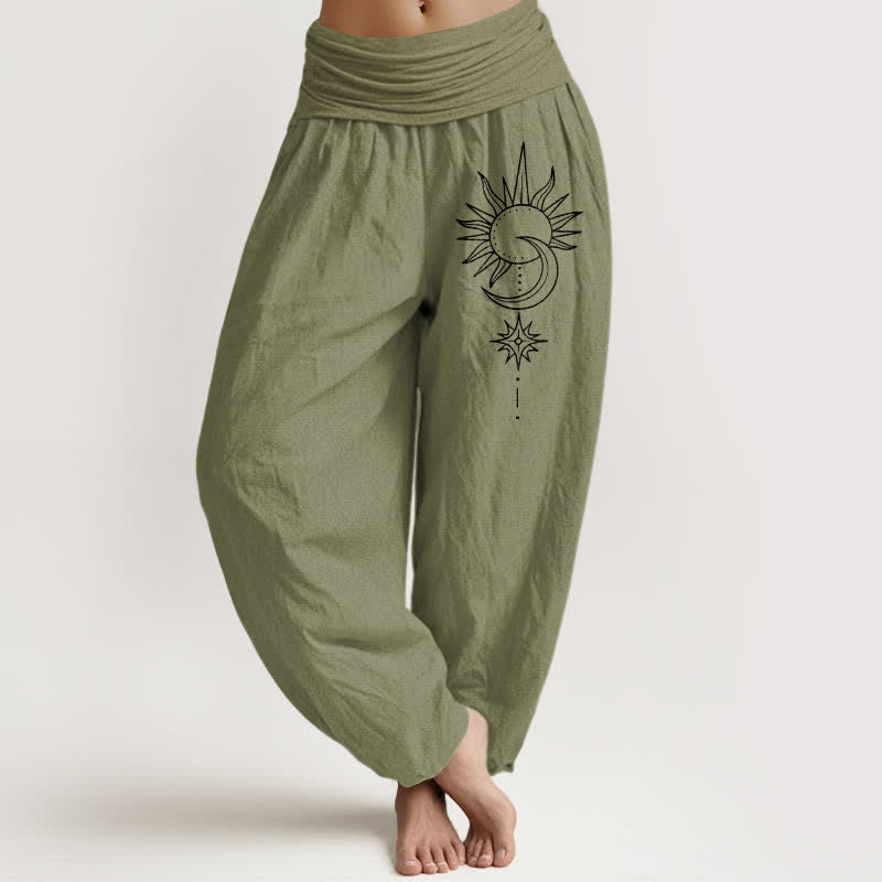 Buddha Stones Harembroek voor dames met elastische Taille en zon-, maan- en sterrenpatroon van 100% Cotton - Olijfgroen - US16, UK/AU20, EU48 (3XL) - image 14