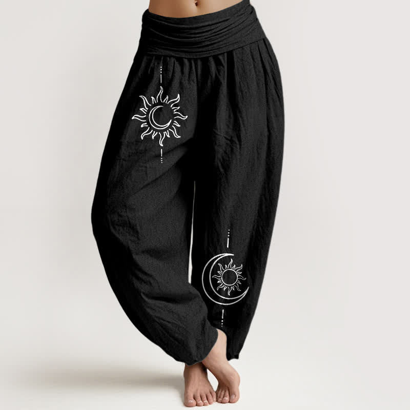 Buddha Stones Harembroek voor dames met elastische Taille en maan- en zonpatroon van 100% Cotton - Zwart - US16, UK/AU20, EU48 (3XL) - image 5