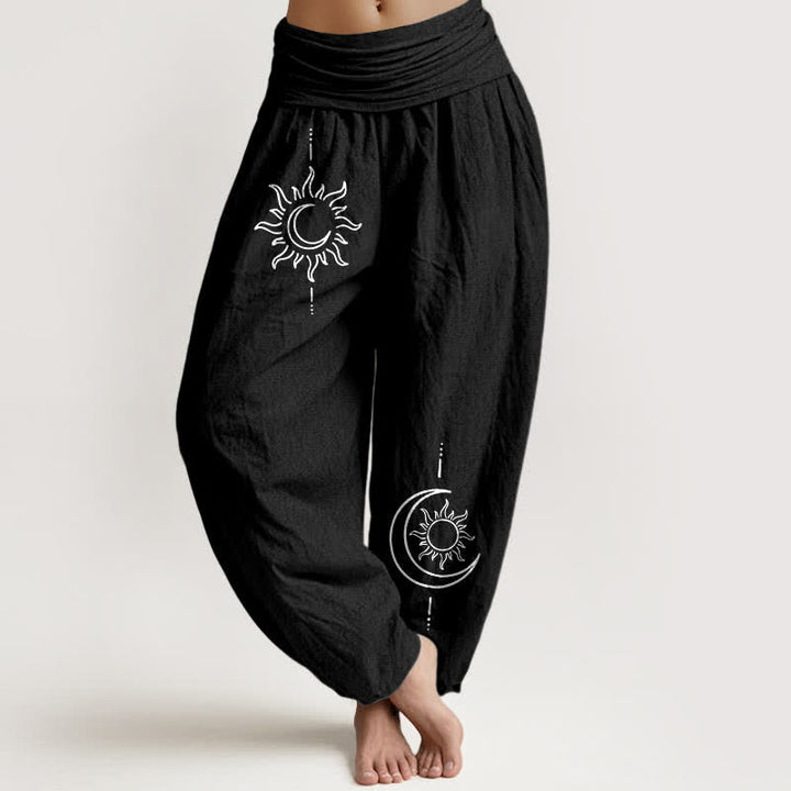 Buddha Stones Harembroek voor dames met elastische Taille en maan- en zonpatroon van 100% Cotton - Zwart - US16, UK/AU20, EU48 (3XL) - image 5
