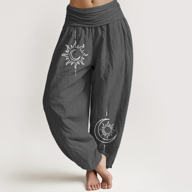 Buddha Stones Harembroek voor dames met elastische Taille en maan- en zonpatroon van 100% Cotton - Donkergrijs - US16, UK/AU20, EU48 (3XL) - image 0